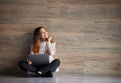 Buy stock photo Happy woman, thinking and laptop with space for idea for advertising or mockup. Smile of female on wooden background for internet connection for computer search, promotion or student scholarship