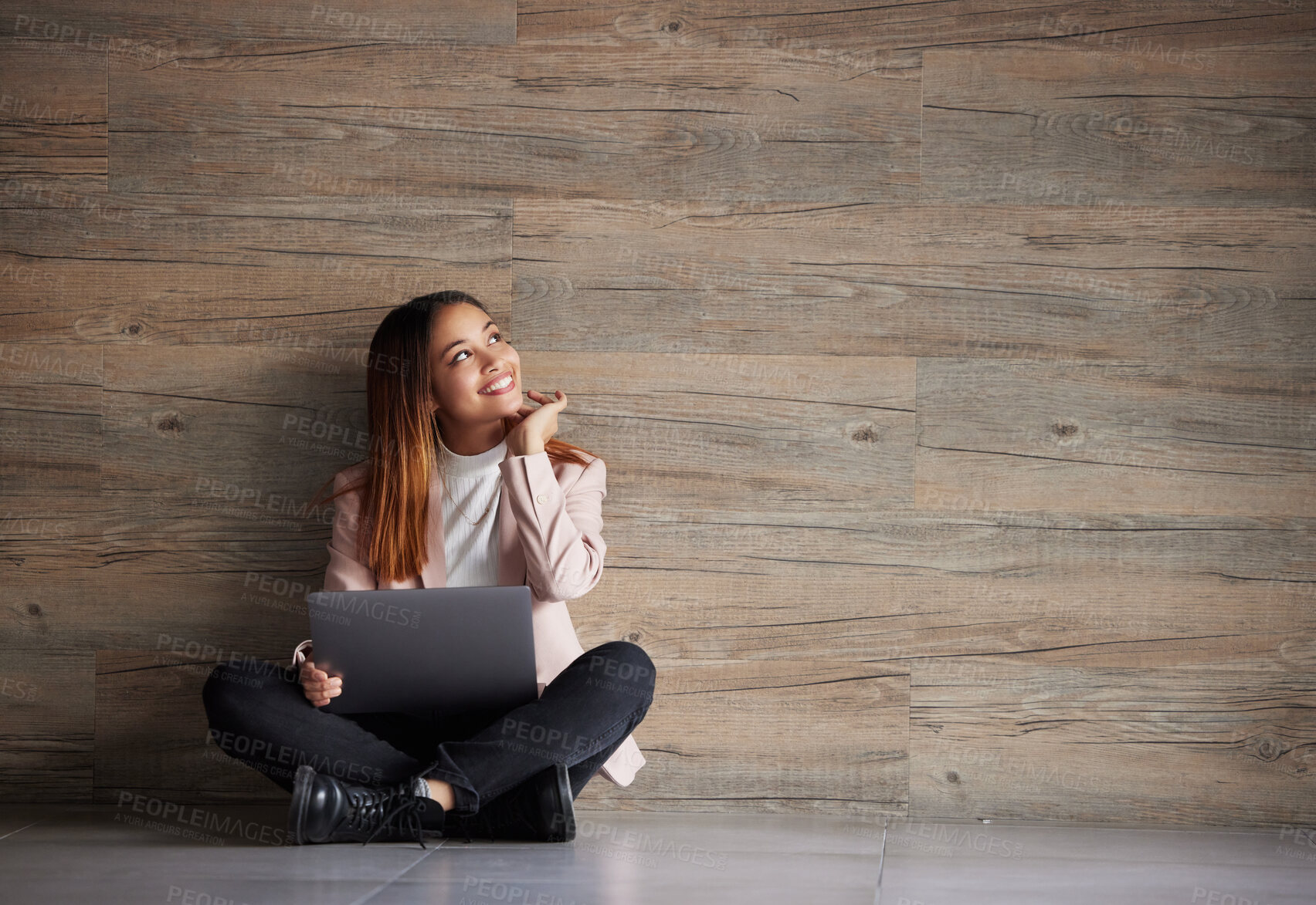 Buy stock photo Happy woman, thinking and laptop with space for idea for advertising or mockup. Smile of female on wooden background for internet connection for computer search, promotion or student scholarship