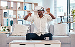 Happy, man and virtual reality headset in home lounge of cyber experience, metaverse system or gaming connection. Excited black male, VR and games in living room of future innovation of ui technology