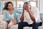 Couple, fight and depression on sofa of marriage problems, breakup or bad communication in lounge. Divorce, crisis and frustrated people argue in conflict, angry partner and anxiety of cheating drama