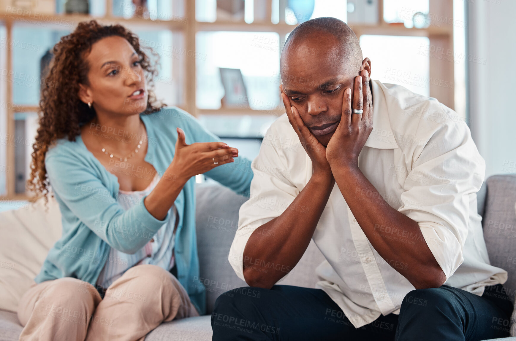 Buy stock photo Couple, fight and angry on sofa for marriage problems, conflict and bad communication. Divorce, argument and frustrated people in anger with man, woman and partner in living room for blame of affair