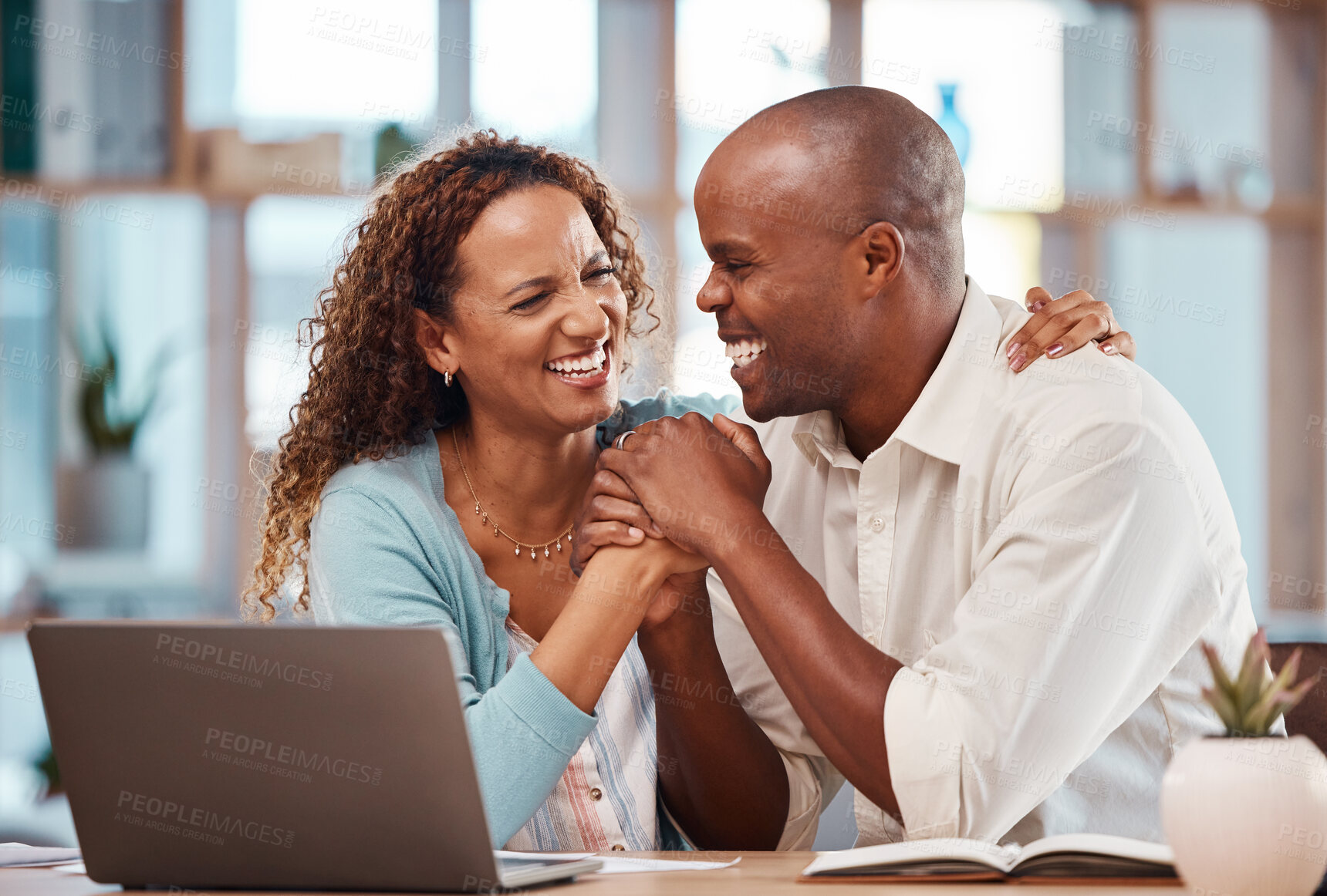 Buy stock photo Happy, laptop and a couple excited about an email, insurance news and success in work. Hug, support and a black man and woman holding hands for a win, investment growth and planning future with a pc