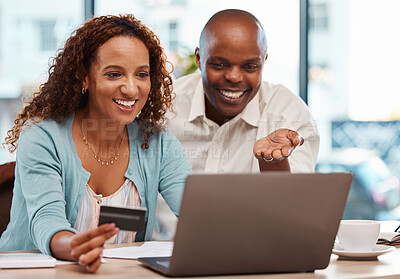 Buy stock photo Laptop, credit card and couple online shopping in home, payment or digital banking. Ecommerce, computer and happy black man and mature woman with fintech, sales or interracial purchase on web store.