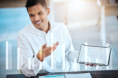 Buy stock photo Tablet screen, graphs and presentation of man for stock market, data analytics or speaking of company growth. Professional accountant person on digital tech for statistics, charts and revenue overlay