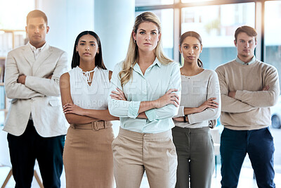 Buy stock photo Office, portrait and corporate team with crossed arms for confidence, collaboration and leadership. Diversity, staff and serious business people in collaboration standing together in the workplace.