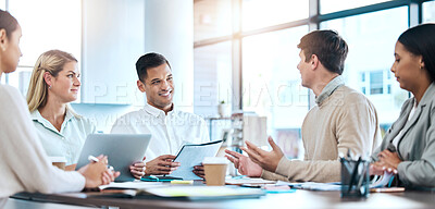 Buy stock photo Business meeting, planning and people teamwork, discussion and workflow agenda in conference room. Professional employees, staff or happy group with documents in seminar, workshop or office company