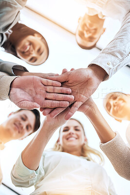 Buy stock photo Business people, hands stack and circle with smile, team building and support for goals in workplace. Men, women and teamwork with solidarity for happiness, motivation and trust with diversity at job