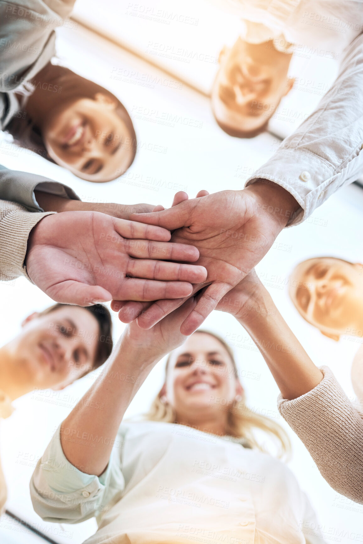 Buy stock photo Business people, hands stack and circle with smile, team building and support for goals in workplace. Men, women and teamwork with solidarity for happiness, motivation and trust with diversity at job