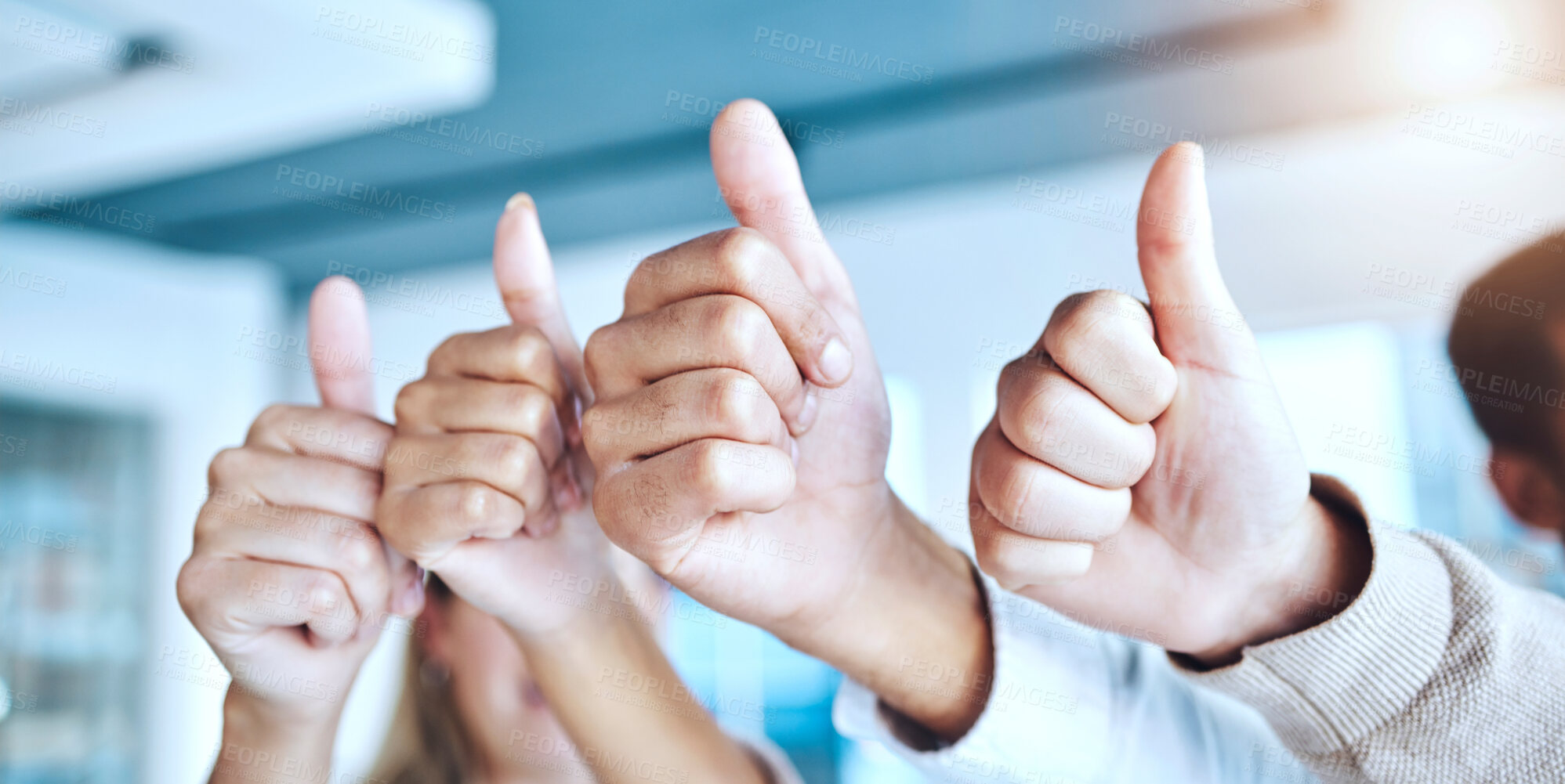 Buy stock photo Business people, hands and thumbs up in agreement for good job, winning or teamwork success at the office. Closeup of employee group showing thumb emoji, yes sign or like in team support at workplace