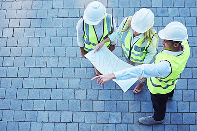 Buy stock photo Top view, team and blueprints for engineering, discussion and architecture for project, brainstorming and construction. Contractor, group and people with building plans, teamwork and planning outdoor