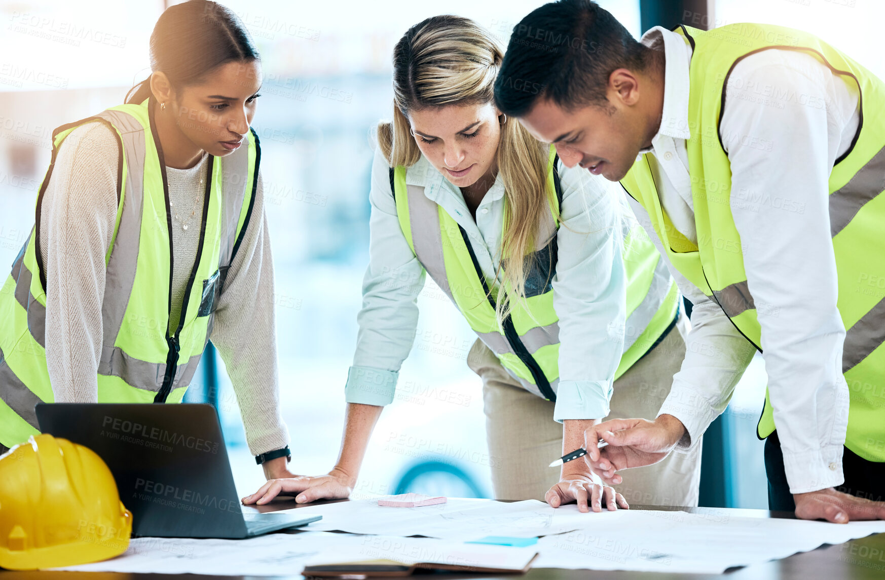 Buy stock photo Architect, team and meeting in blueprint planning for construction, architecture or project collaboration. Group of contractors discussing floor plan or teamwork strategy for industrial architecture