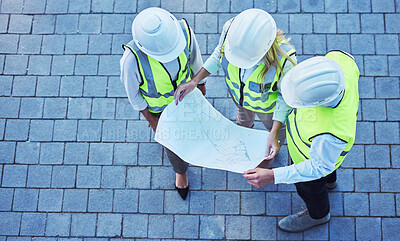 Buy stock photo Top view, construction and team with blueprint, engineer and collaboration for new project, talking and planning. Staff, architecture or discussion with document, share ideas or brainstorming outdoor