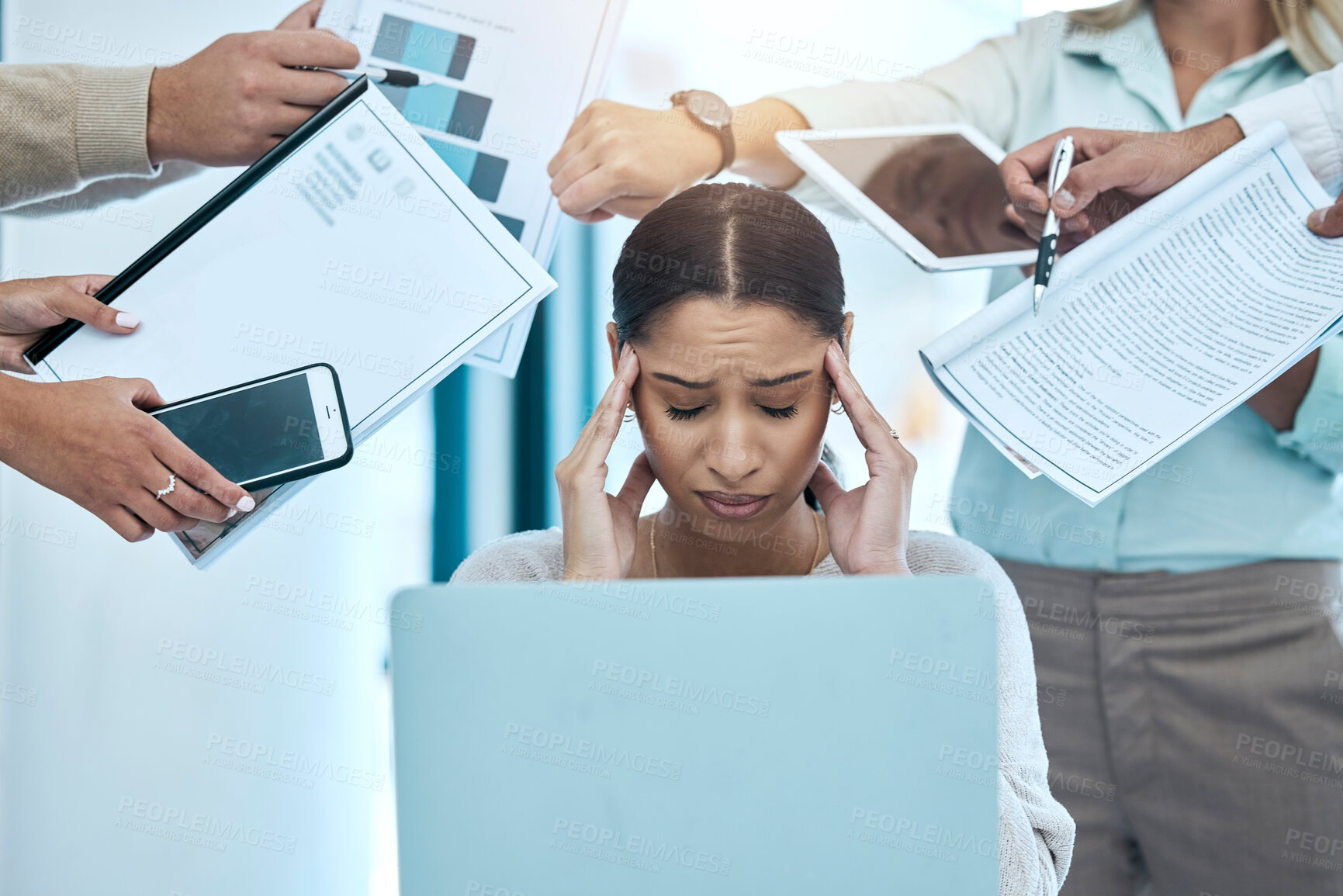 Buy stock photo Headache, stress and multitask business woman with anxiety, burnout and mental health problem on laptop. Time management, phone call and chaos of professional team manager, computer and people hands