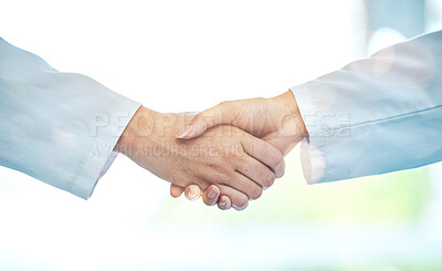 Buy stock photo Doctor, handshake and meeting in partnership for deal, b2b or agreement in healthcare collaboration at the hospital. Medical team shaking hands in teamwork support, hiring or promotion at the clinic