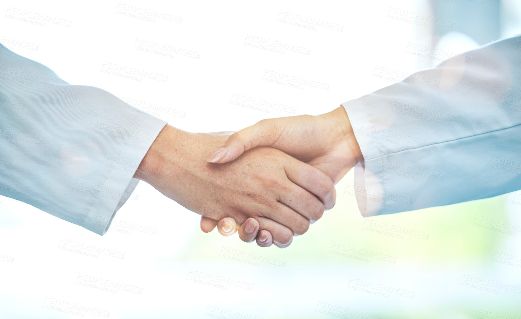 Buy stock photo Doctor, handshake and meeting in partnership for deal, b2b or agreement in healthcare collaboration at the hospital. Medical team shaking hands in teamwork support, hiring or promotion at the clinic