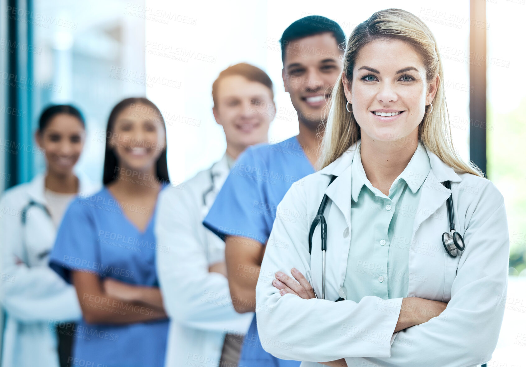 Buy stock photo Proud portrait, team of doctors with healthcare service, leadership and happy teamwork in hospital diversity. Professional medical woman manager and people with mindset for clinic or health career