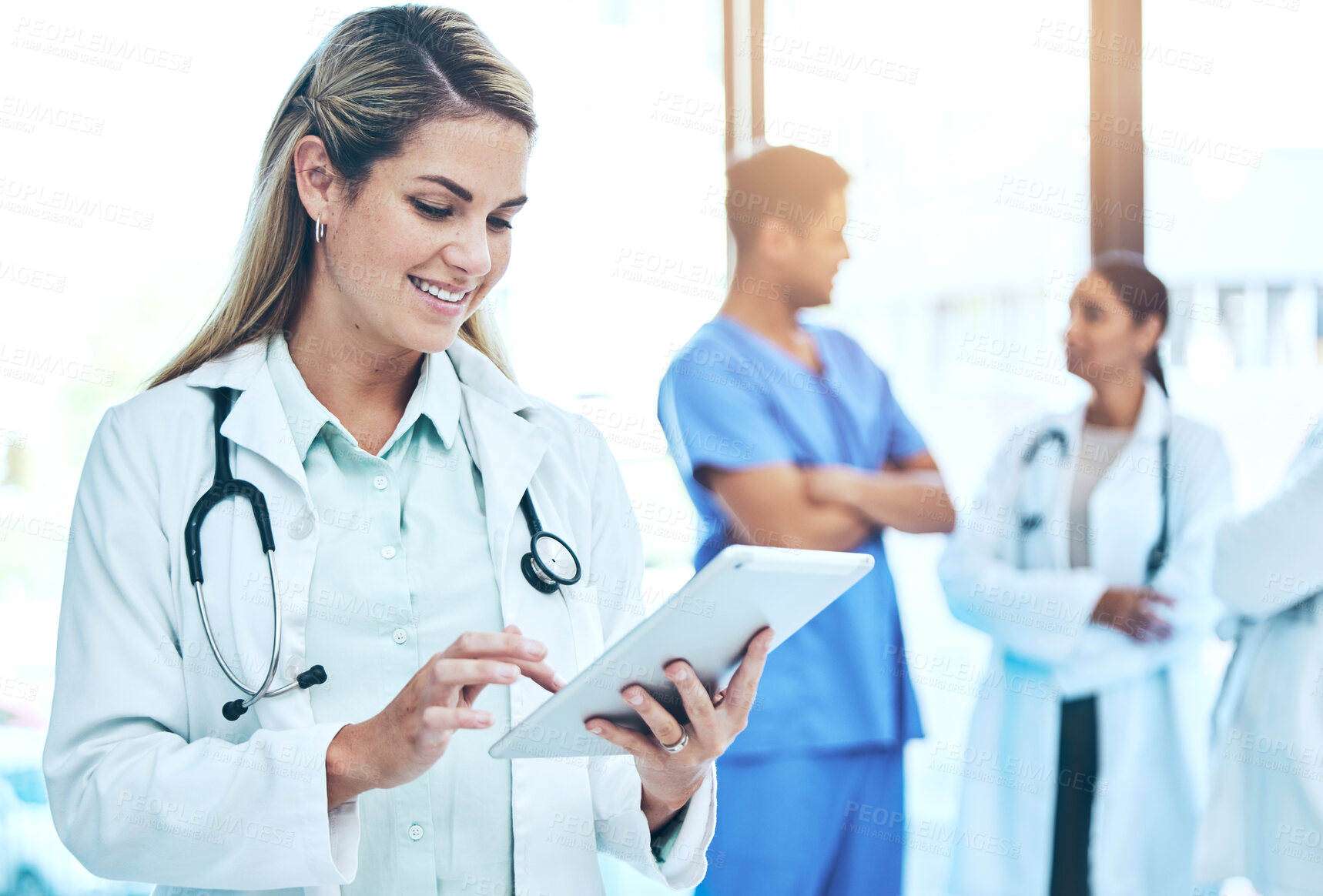 Buy stock photo Woman doctor on tablet for medical research, hospital employees management or telehealth services check. Professional healthcare worker or manager working on digital technology or clinic workflow app