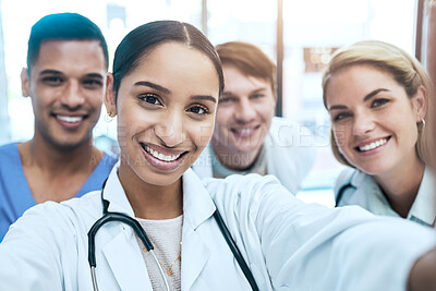 Buy stock photo Portrait selfie of doctors, nurses or healthcare group of people for social media or medical teamwork. Face of diversity women and internship people smile in profile picture for career post or memory