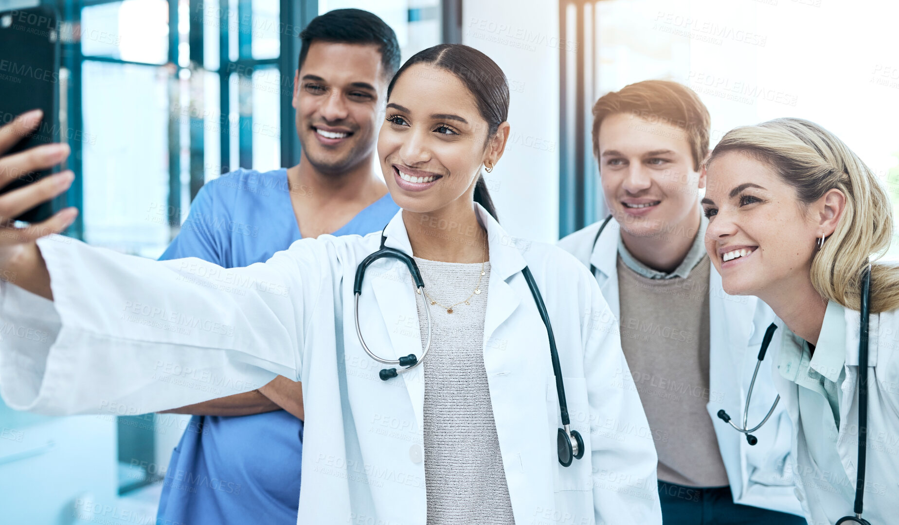 Buy stock photo Selfie of nurses, doctors or medical group of people for social media, hospital or healthcare teamwork post. Happy, diversity and young women and men with internship profile picture or career memory