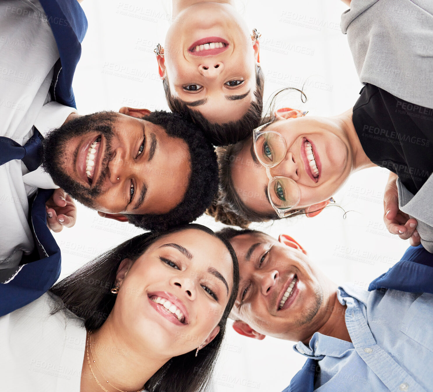 Buy stock photo Team building, support or portrait of business people in huddle for collaboration, partnership or community. Faces, low angle or happy group of workers with smile, mission goals or target together
