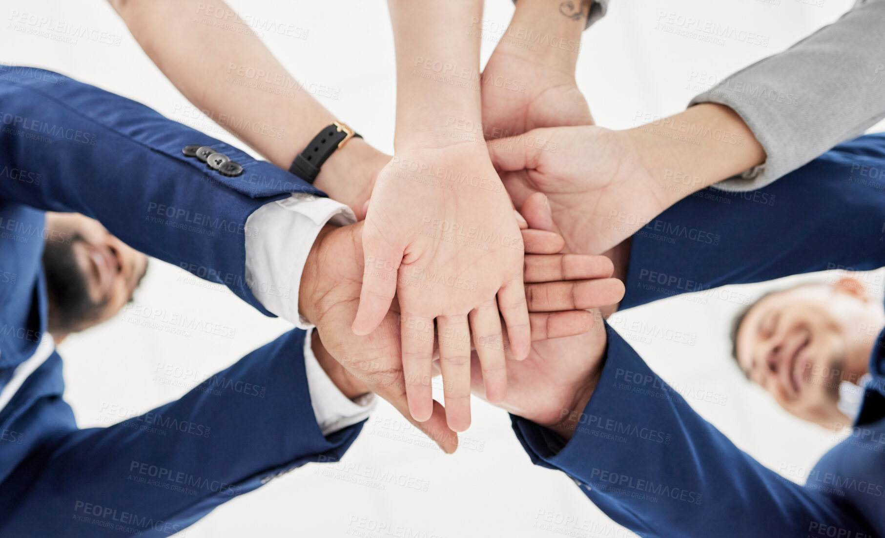 Buy stock photo Teamwork, stack of hands and team of business people in celebration together for success or achievement. Professional, collaboration and group of corporate employees in unity to celebrate in office.