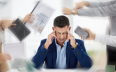 Buy stock photo Hands with paperwork, headache or stressed businessman working with problem or bad mental health. Blurry migraine, anxiety or frustrated worker overworked, tired or exhausted with documents deadlines