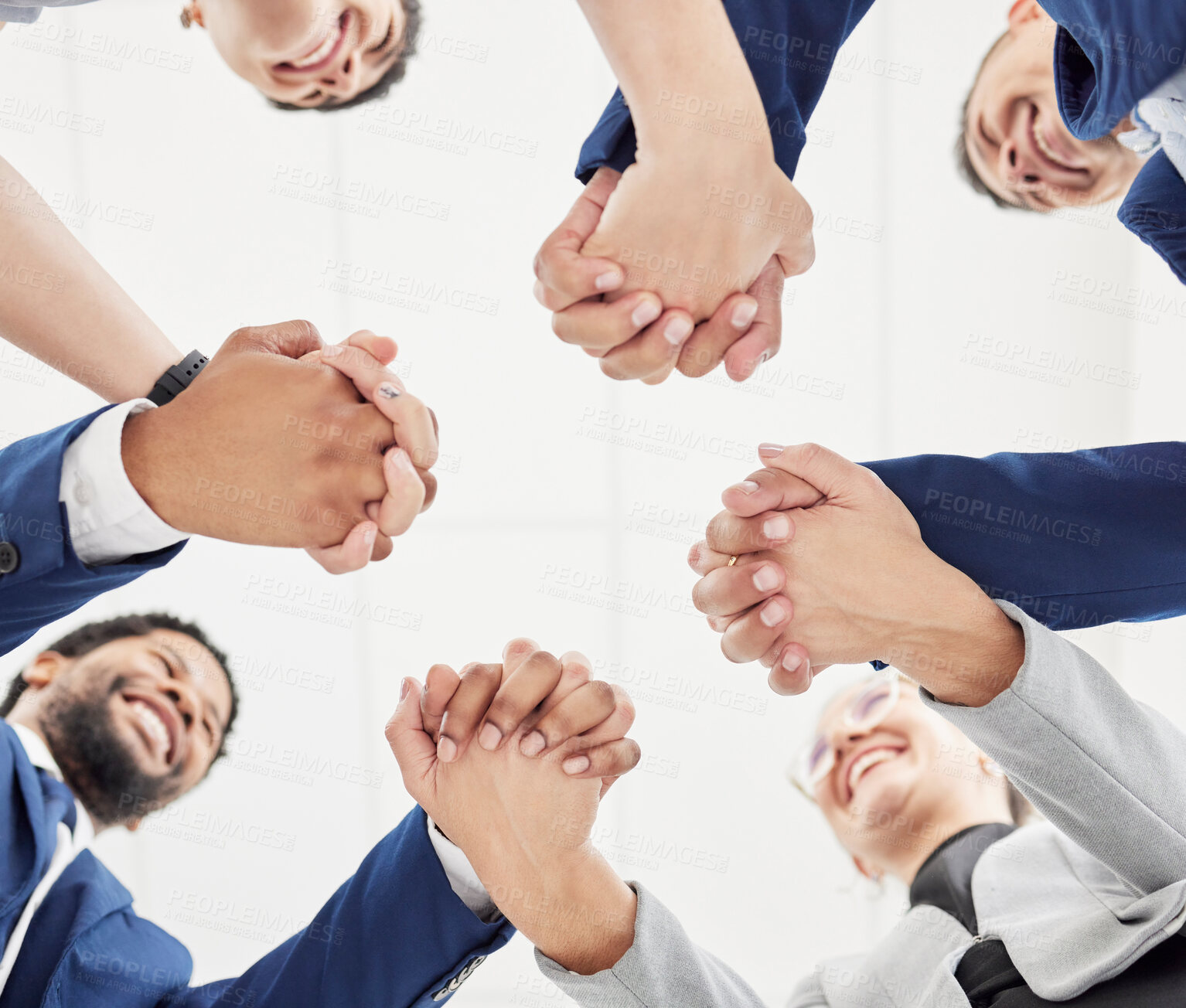 Buy stock photo Team building, support or happy business people holding hands for collaboration, motivation or community. Vision, low angle or excited group of workers with smile, mission goals or target together