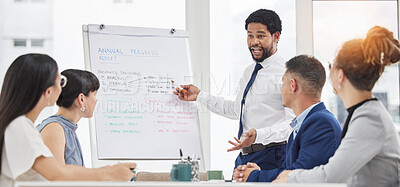 Buy stock photo Businessman, coaching and meeting on whiteboard for planning, strategy or idea in boardroom at office. Black man mentor coach training staff or business people in corporate presentation at workplace