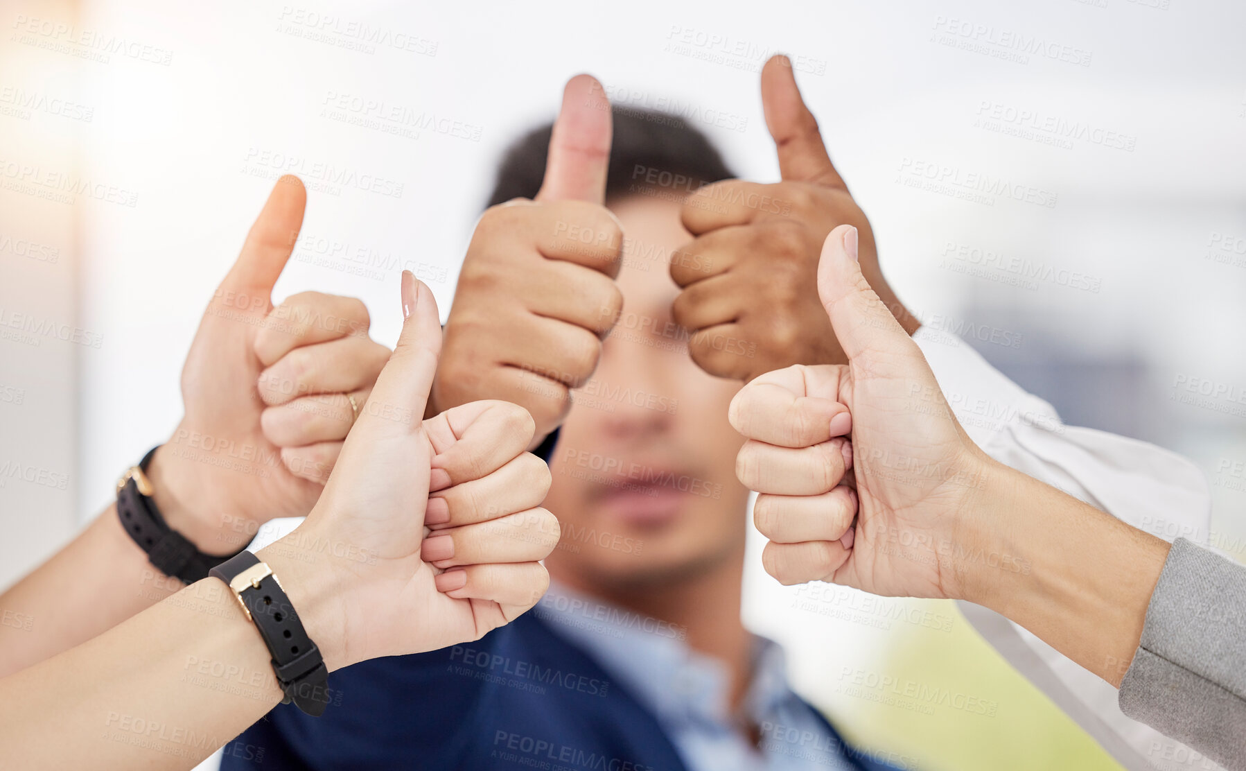 Buy stock photo Business people, hands and thumbs up in teamwork agreement for good job, winning or success at the office. Hand of group employees showing thumb emoji, yes sign or like in team support at workplace