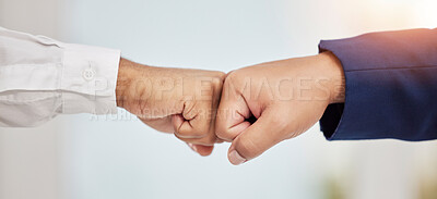 Buy stock photo Business people, hands and fist bump in teamwork agreement for good job, winning or success at office. Employees touching hands or fists for team support, win or collaboration together at workplace