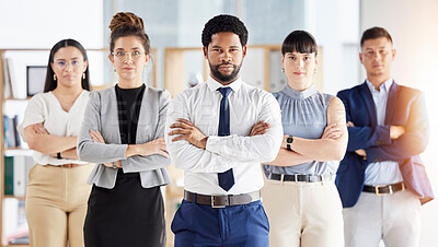 Buy stock photo Business people, portrait and serious team with arms crossed in confidence for leadership at the office. Diversity, men and women in corporate management, teamwork or company mission at the workplace