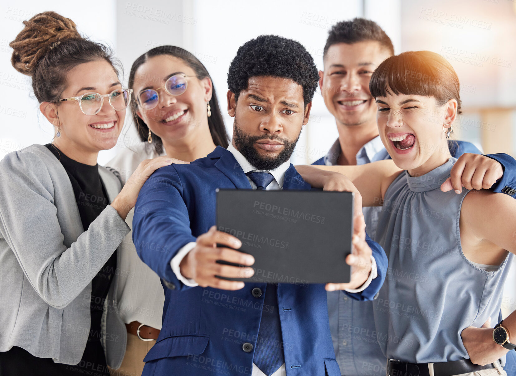 Buy stock photo Selfie, happy and business people together with a tablet for team building and group fun. Funny, smile and a black man taking a photo with employees or friends on technology for an office memory