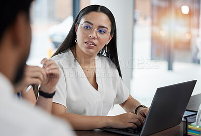 Buy stock photo Business meeting, workshop and woman in office with laptop for team discussion on strategy and planning. Project management, conversation and team brainstorming for proposal, deal or job development.