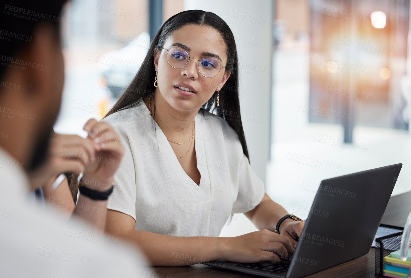 Buy stock photo Business meeting, workshop and woman in office with laptop for team discussion on strategy and planning. Project management, conversation and team brainstorming for proposal, deal or job development.