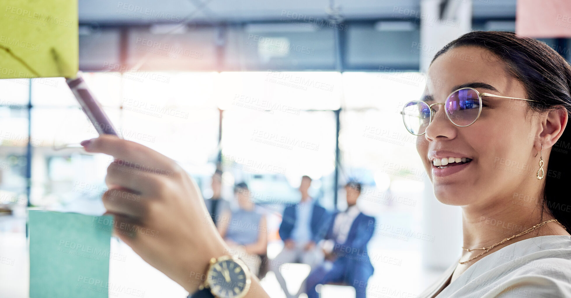 Buy stock photo Business woman, coaching and meeting in schedule planning for brainstorming, teamwork or tasks on glass board at office. Happy female training staff in sticky note project plan for strategy at work