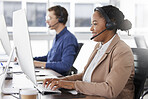 Black woman, call center and typing on computer, smile in office and working on customer service in workplace. Telemarketing, desktop and happiness of person, female sales agent or consultant writing