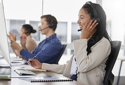 Buy stock photo Woman, call center and writing notes, smile in office and working on customer service in workplace. Telemarketing, talking and happiness of person, female sales agent or consultant consulting online.