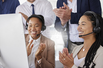 Buy stock photo Women, call center and applause in office with teamwork, celebration and diversity. Business people, men and crm team building with group, support and celebrate with excited face for video conference