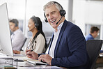 Portrait, laughing and man in call center in office working on customer service in workplace. Telemarketing, mature person and funny sales agent, consultant and telemarketer writing information.