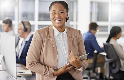 Buy stock photo Call center, black woman laugh and office team with collaboration and manager with a smile. Tablet, happiness and teamwork of company group with a proud boss ready for work and telemarketing 