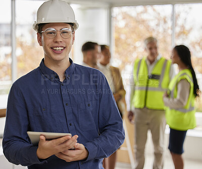 Buy stock photo Portrait, engineer and man with tablet, online planning and reading emails for schedule, deadline or network. Face, male employee or architect with staff, group or teamwork with success or leadership