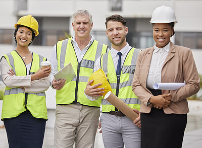 Buy stock photo Construction site, portrait and team at a building for planning, creative and collaboration. Architecture, business people and designer group with blueprint, documents or engineering development plan