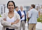 Management, business woman portrait and office team with collaboration and manager with a smile. Planning, happiness and teamwork of company group with a proud boss ready for work and job leadership