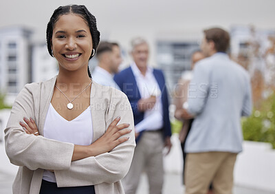 Buy stock photo Management, business woman portrait and office team with collaboration and manager with a smile. Planning, happiness and teamwork of company group with a proud boss ready for work and job leadership