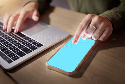 Buy stock photo Closeup, hands or phone green screen for woman in night research, internet logo branding or web design mockup in office. Blue, mock up or technology for working late person on social media mobile app