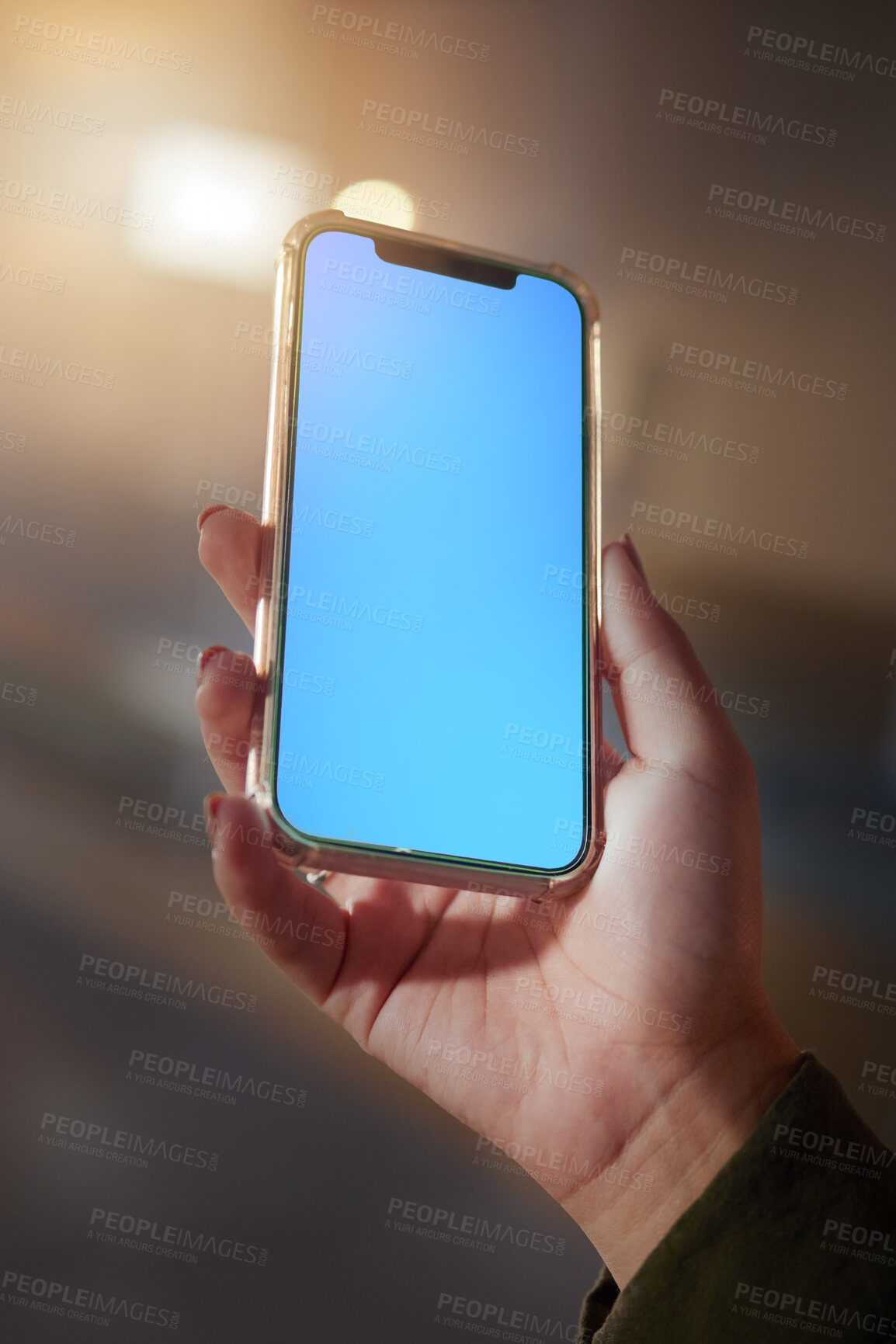 Buy stock photo Closeup, hands or smartphone green screen for woman on social media app, night research or internet mockup branding. Blue, mock up or technology for working late person on business product placement 