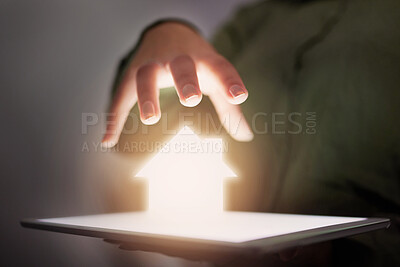 Buy stock photo Closeup, house and hand with hologram, tablet and insurance with technology, future and security. Zoom, hands or home with device, safety or holographic with solutions, protection or cover innovation