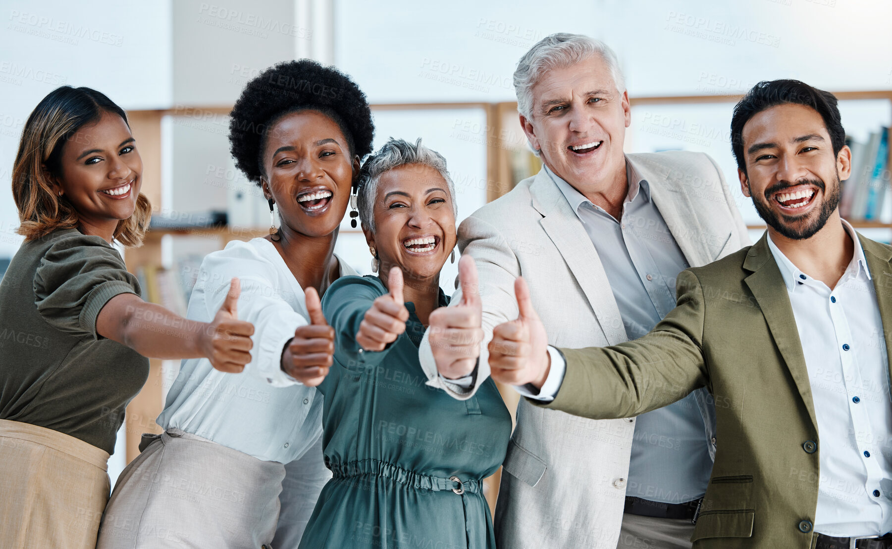 Buy stock photo Thumbs up, portrait and happy business people in office with thank you sign, gesture and positive symbol. Diversity, hands and face of team with finger emoji for cooperation, coworking and solidarity