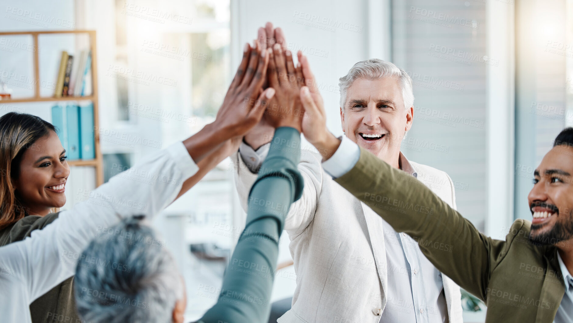 Buy stock photo Teamwork, high five and hands of business people in office for motivation, support and success celebration. Collaboration, team building and men and women connect for diversity, goals and partnership