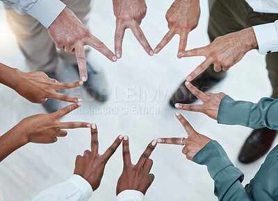 Buy stock photo Teamwork, support and hands of business people in peace sign for motivation, goals and mission in office. Collaboration, team building and top view of employees star for diversity, trust and success